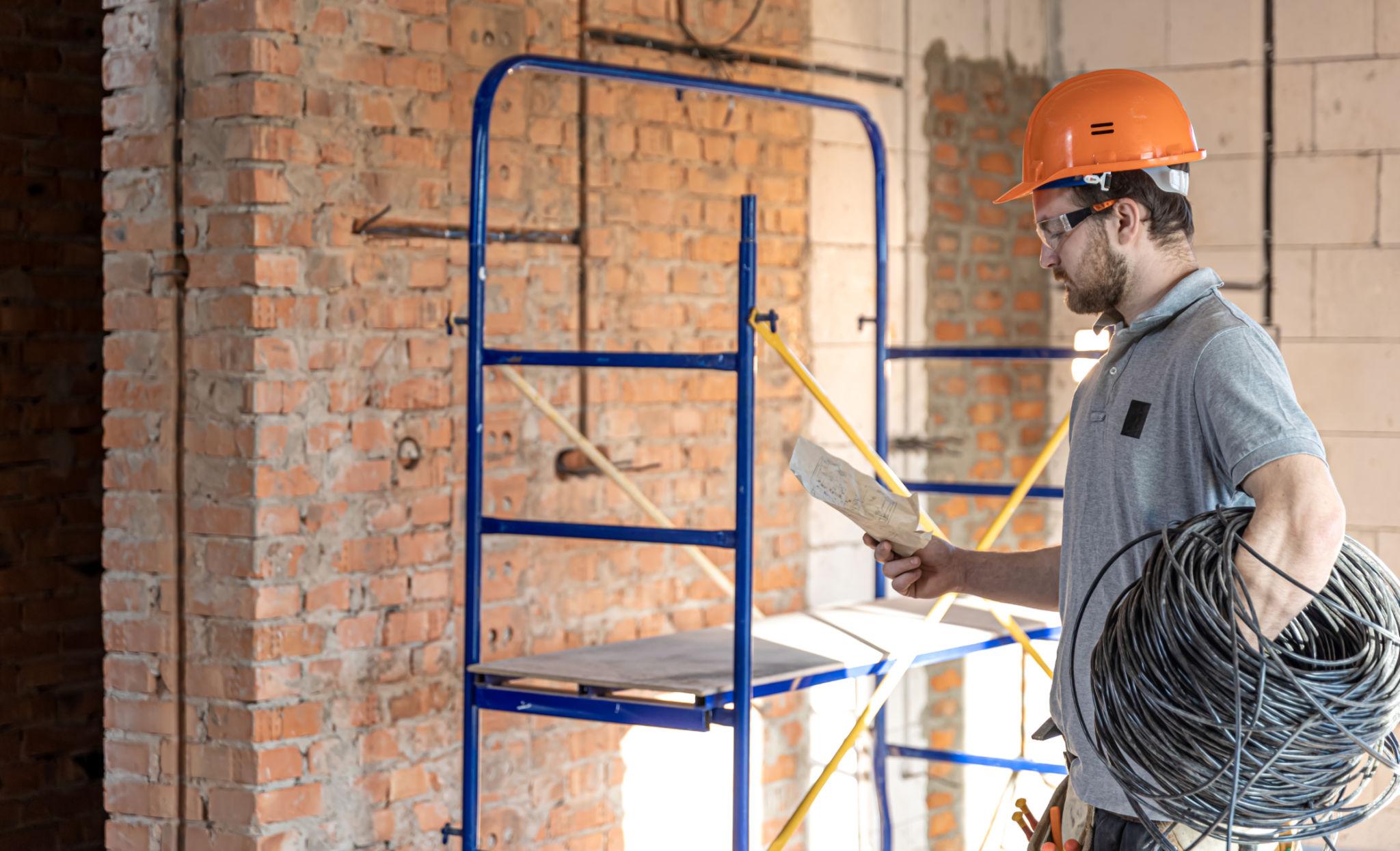Electrician on a construction site reviewing an electrical plan while holding a cable coil